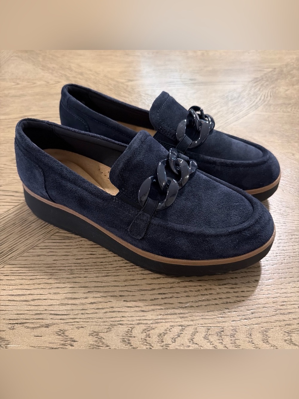 Clarks Zylah May Navy Suede Chain Loafers Platform Comfort Shoes 10